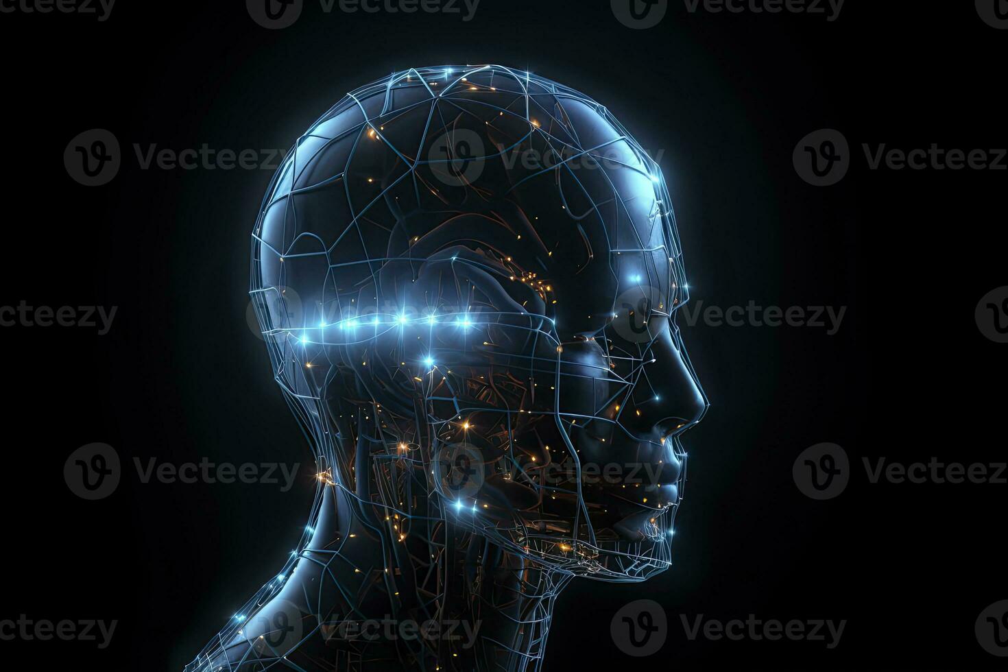 Abstract glowing polygonal head background with neurons. Artificial intelligence.AI generated photo