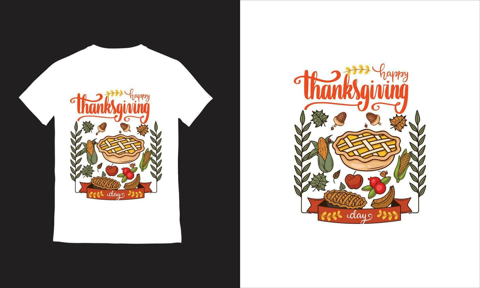 flat design thanksgiving background with dried leaves, lettering, hand drawn turkey vector