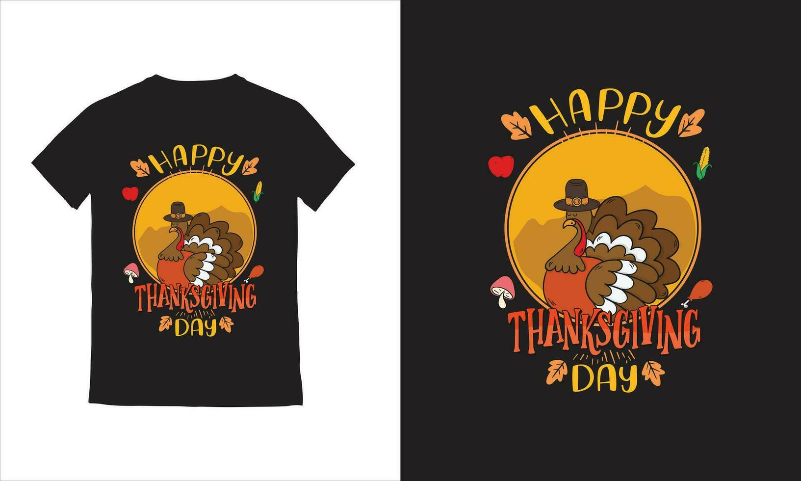 flat design thanksgiving background with dried leaves, lettering, hand drawn turkey vector