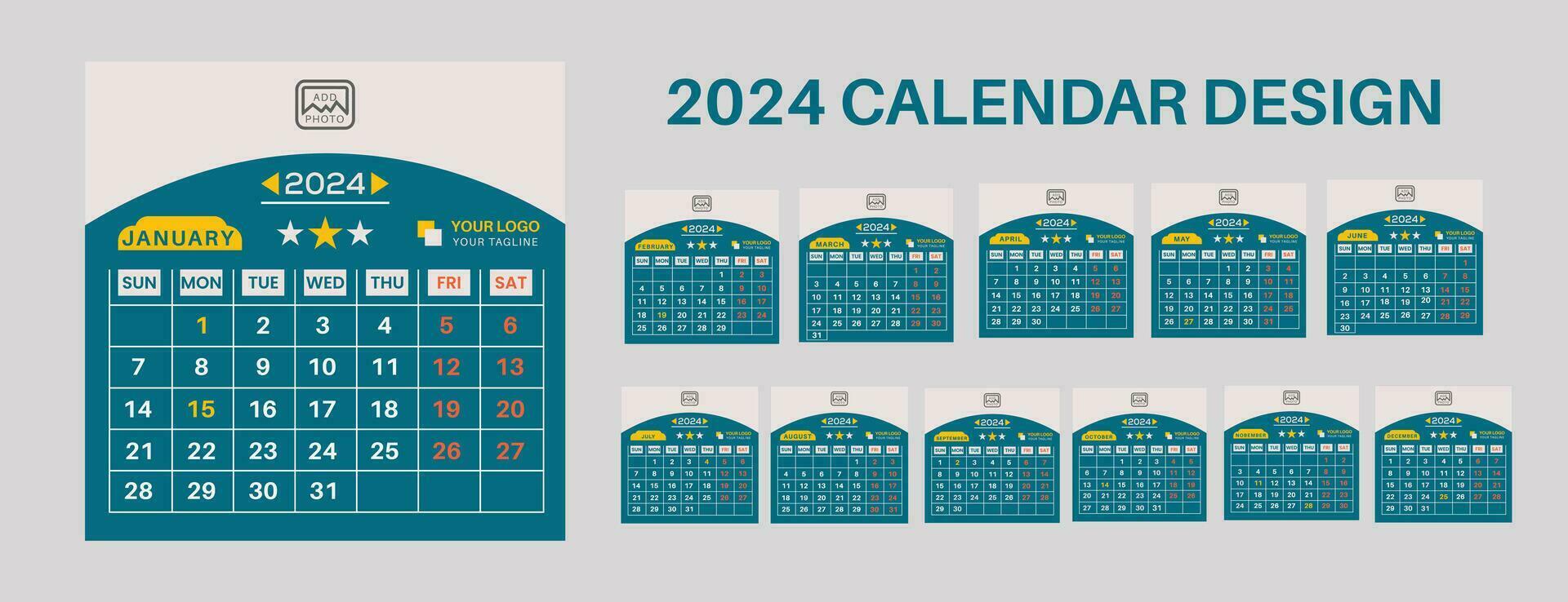 Calendar template for 2024 year. Corporate and business calendar template. Week start on Sunday. vector