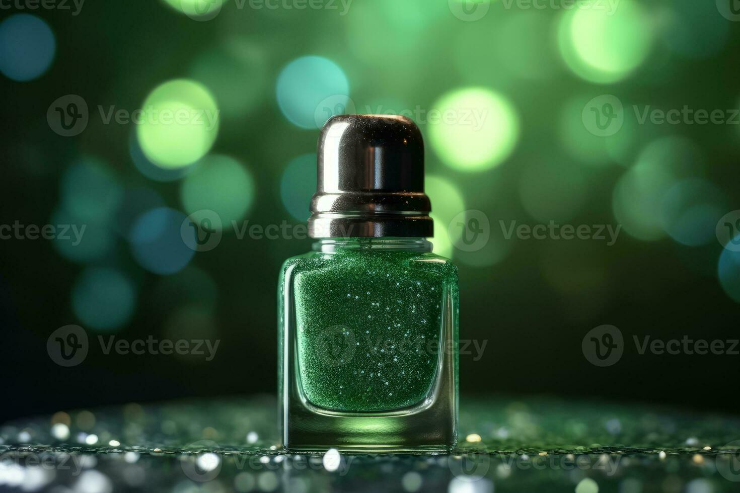 ai generativo foto de un verde uña polaco botella en verde Brillantina antecedentes