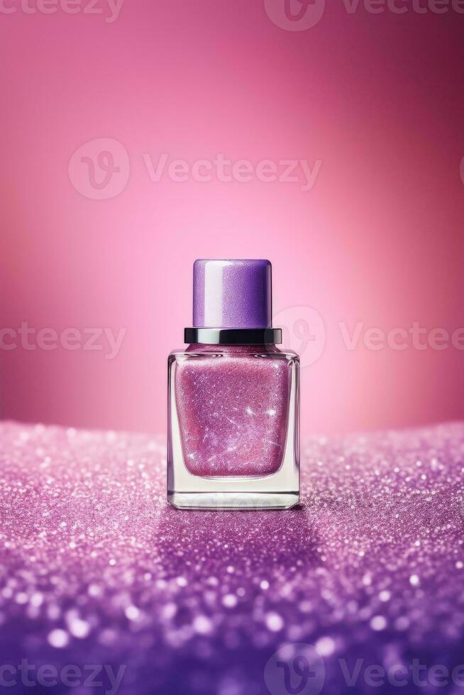 Ai Generative Photo of a purple nail polish bottle on purple glitter background