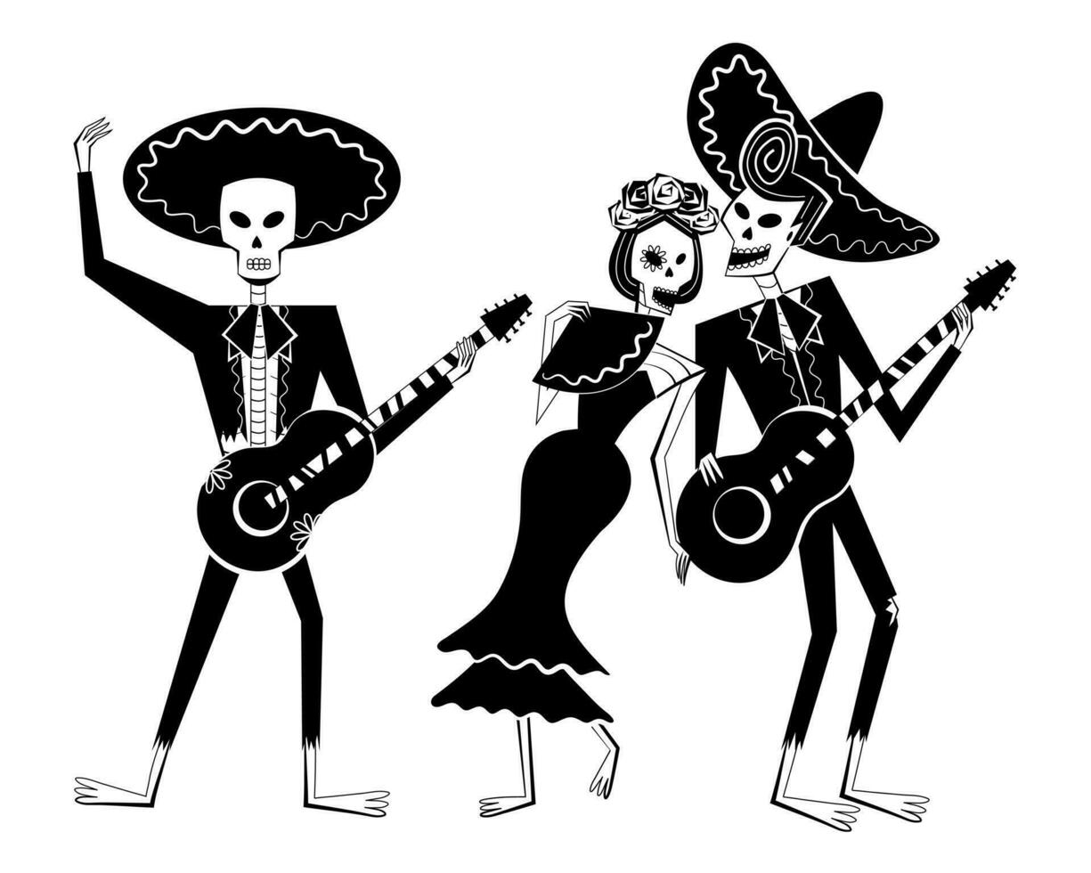 Day of the Dead skeleton band. Dia de los Muertos skeleton character set with two mariachi playing guitars and one singer with fan. Mexican traditional festival concept. vector