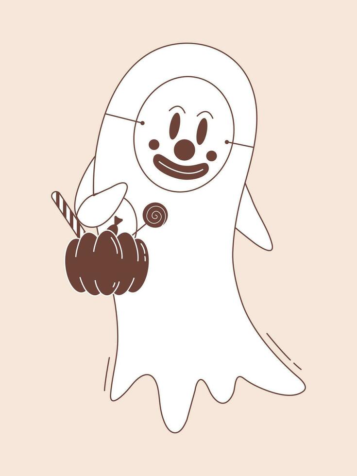 Ghost wearing a clown mask with pumpkin basket full of candies. Halloween ghost character in groovy style. vector