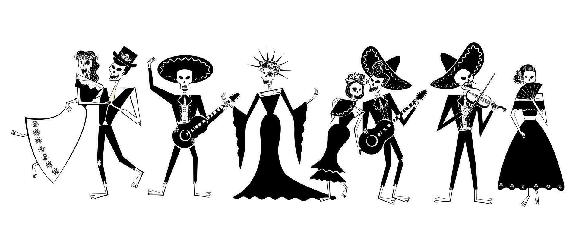 Day of the Dead skeleton sticker set. Dia de los Muertos skeleton characters. vector