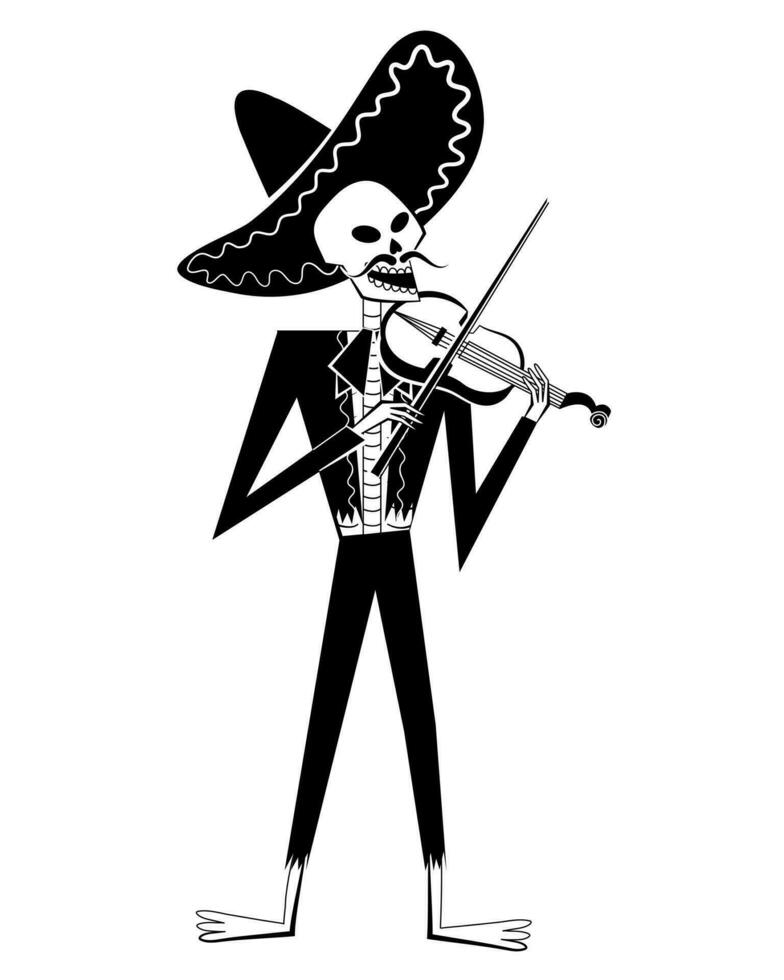 Day of the Dead skeleton mariachi character with mustache, in sombrero, playing violin. Dia de los Muertos. Mexican traditional festival concept. vector