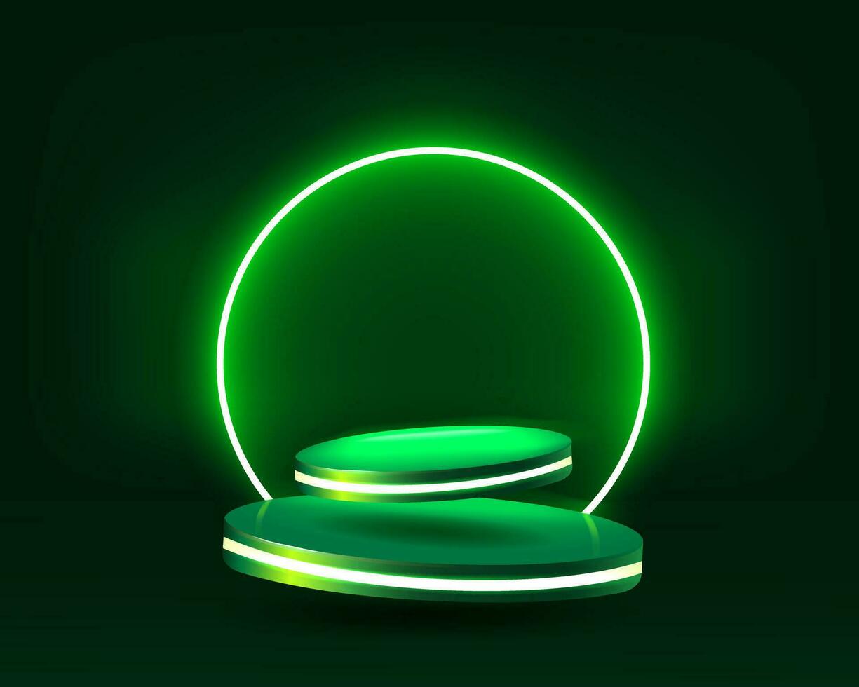 Empty green podium floating in the air with neon ring on background. Stage podium with lighting. vector