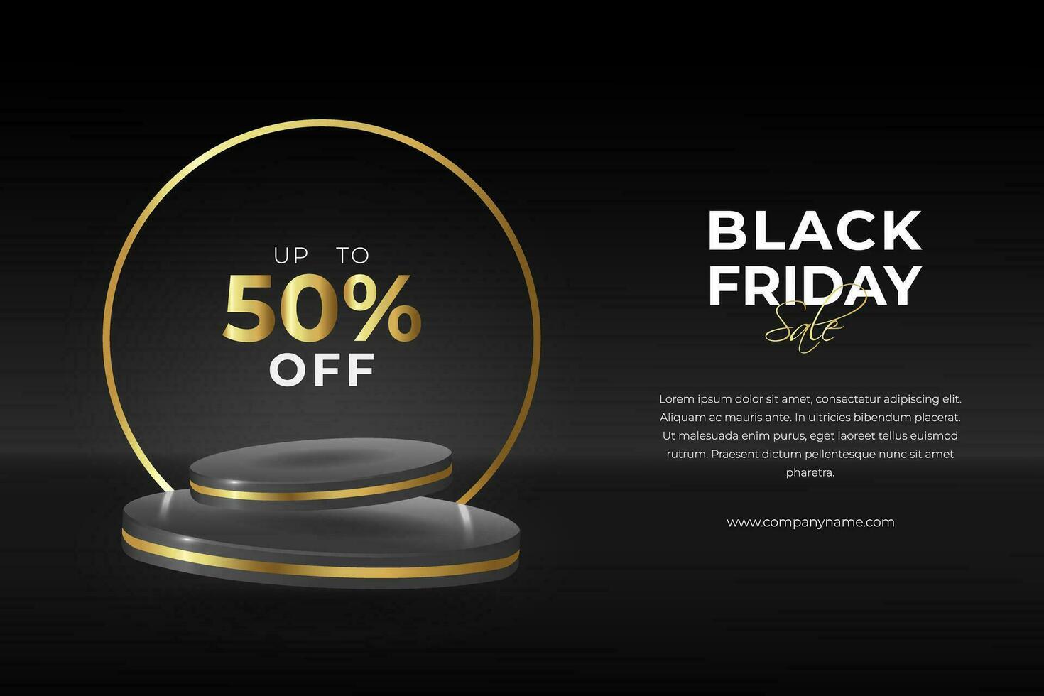 Black and gold background with realistic 3D floating cylinder podium. Modern vector podium with text. Black friday sale scene for products showcase.