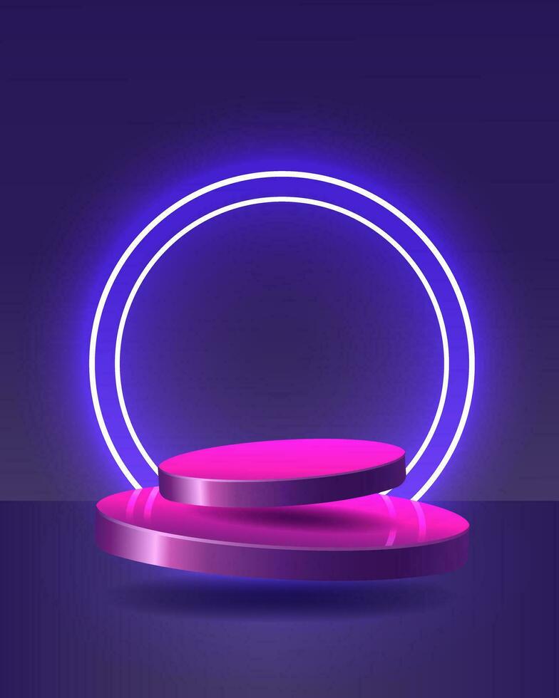 Empty pink podium floating in the air with neon rings on background. Stage podium with lighting. vector