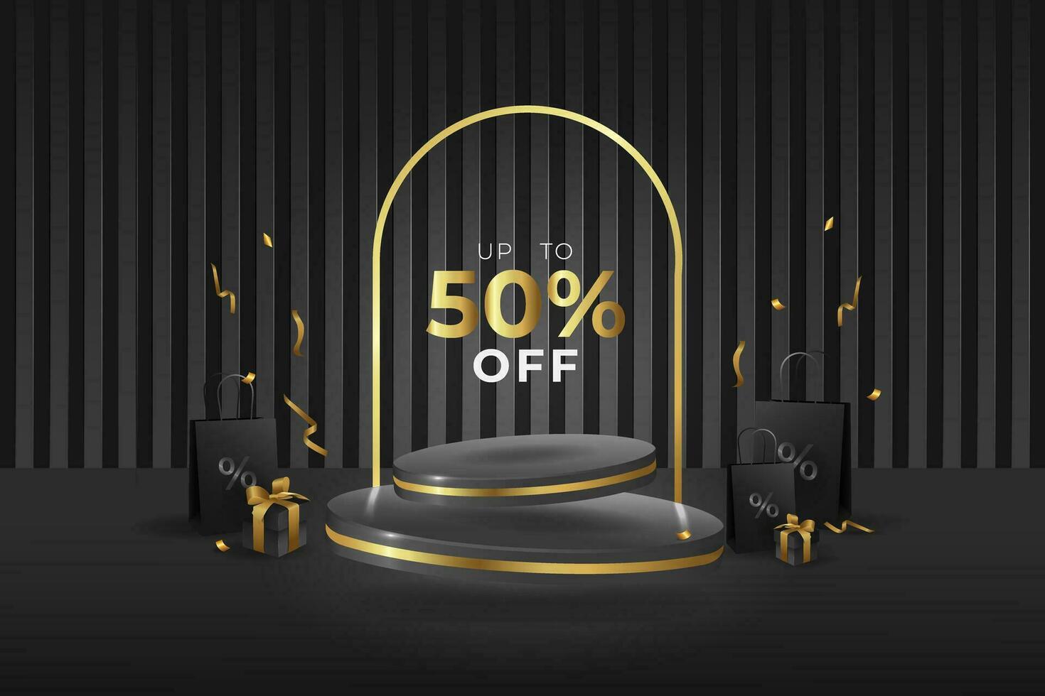 Black and gold background with realistic 3D floating cylinder podium with shopping bag, gift and confetti. Modern vector podium with text. Black friday sale scene for products showcase.