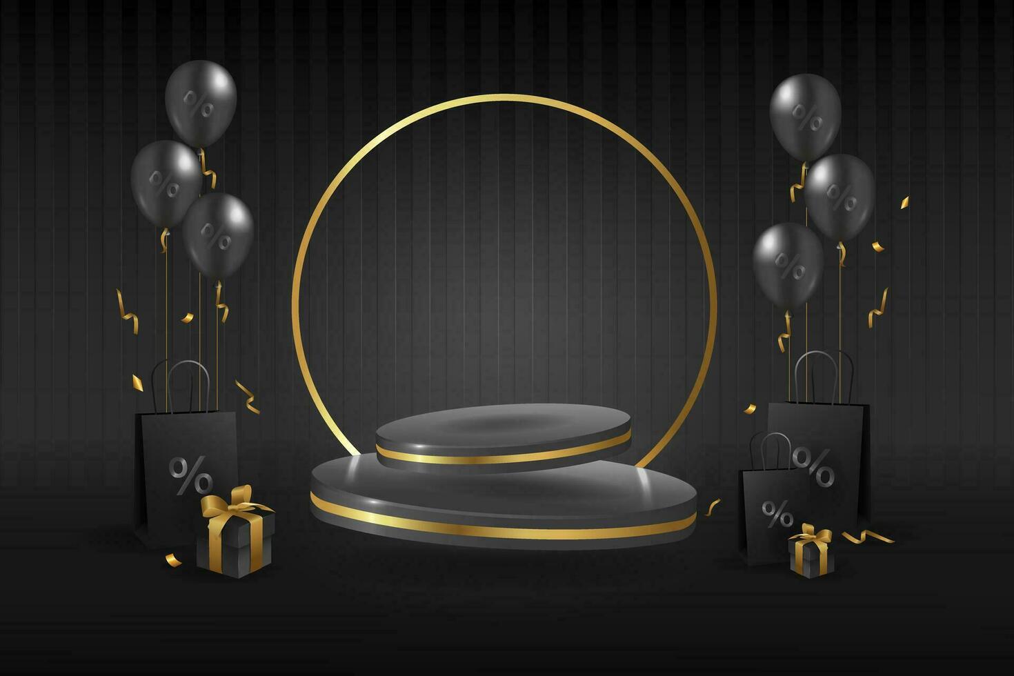 Black and gold realistic 3D floating cylinder podium with shopping bag, gift, balloons and confetti. Modern vector empty podium with gold ring frame. Black friday sale scene for products showcase.