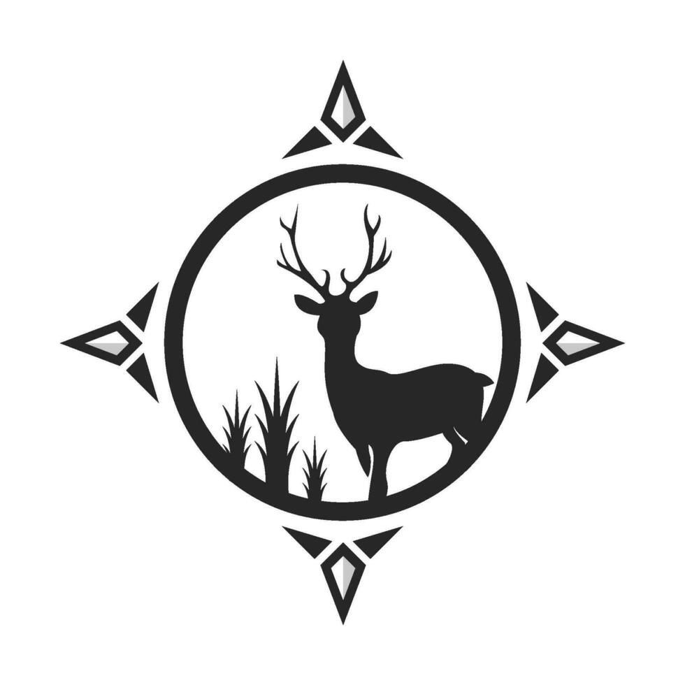 vintage deer head logo. deer hunt logo. unique deer circular logo. Deer logo. deer with compass logo. vector