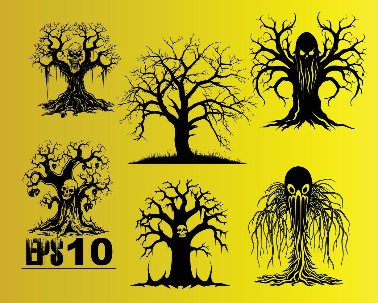 Six Black Trees with Different Styles on Yellow Background vector