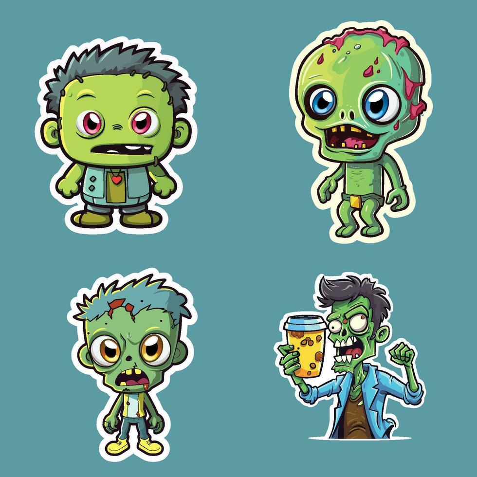 Stricker of Four Cartoon Zombies on blue background vector