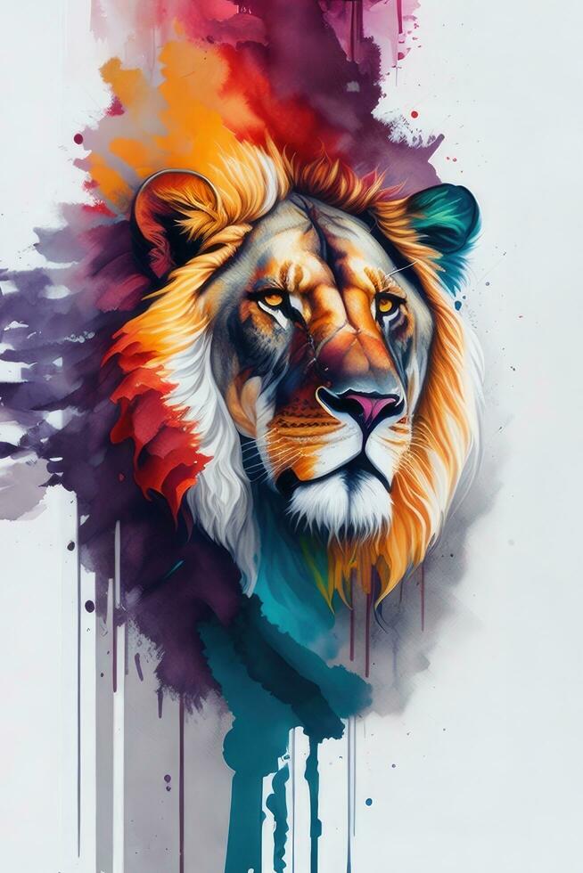 Lion head with colorful paint splashes on white background. Digital painting. AI Generated. photo