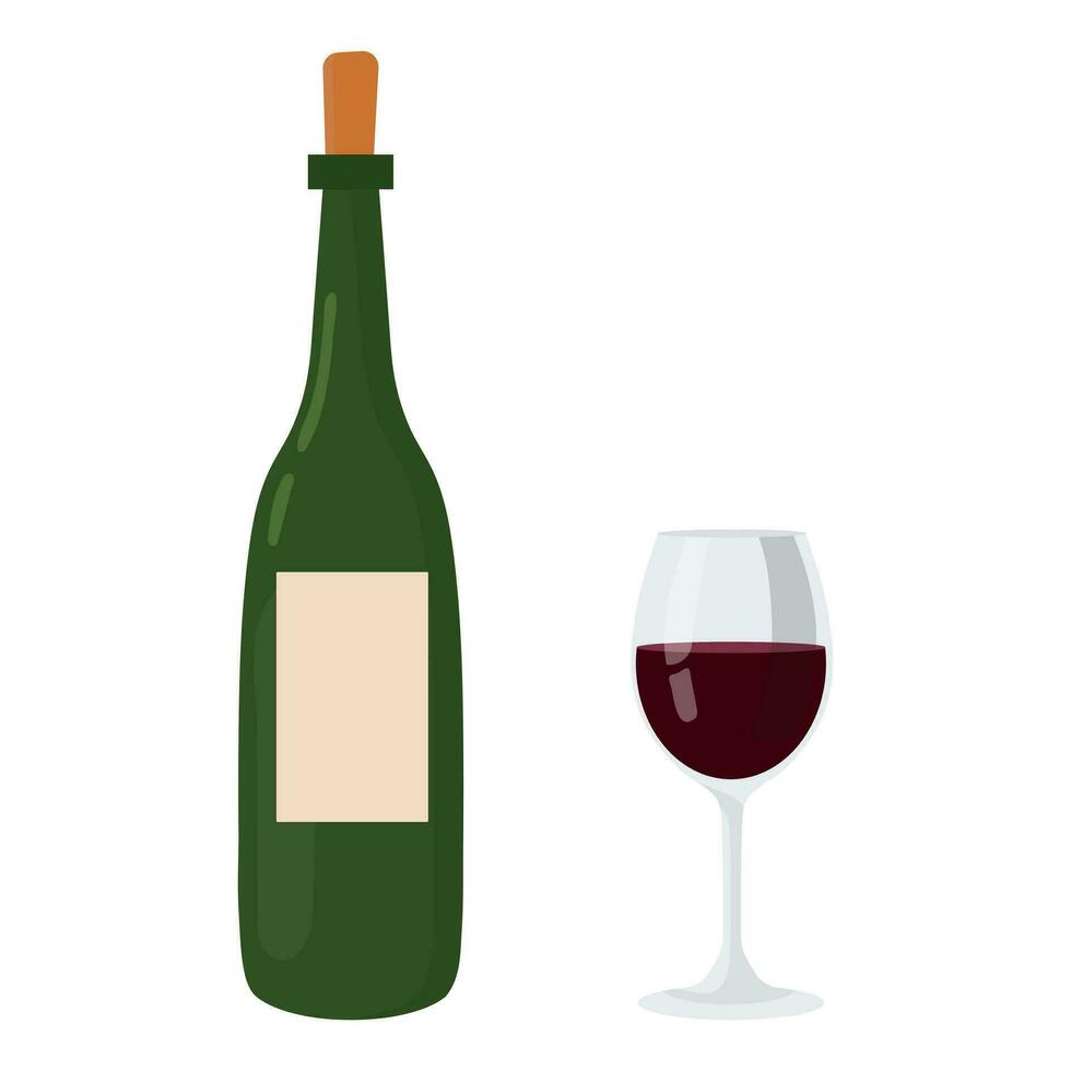 Wine bottle with wine glass. Alcoholic drink. Red wine. Vector illustration