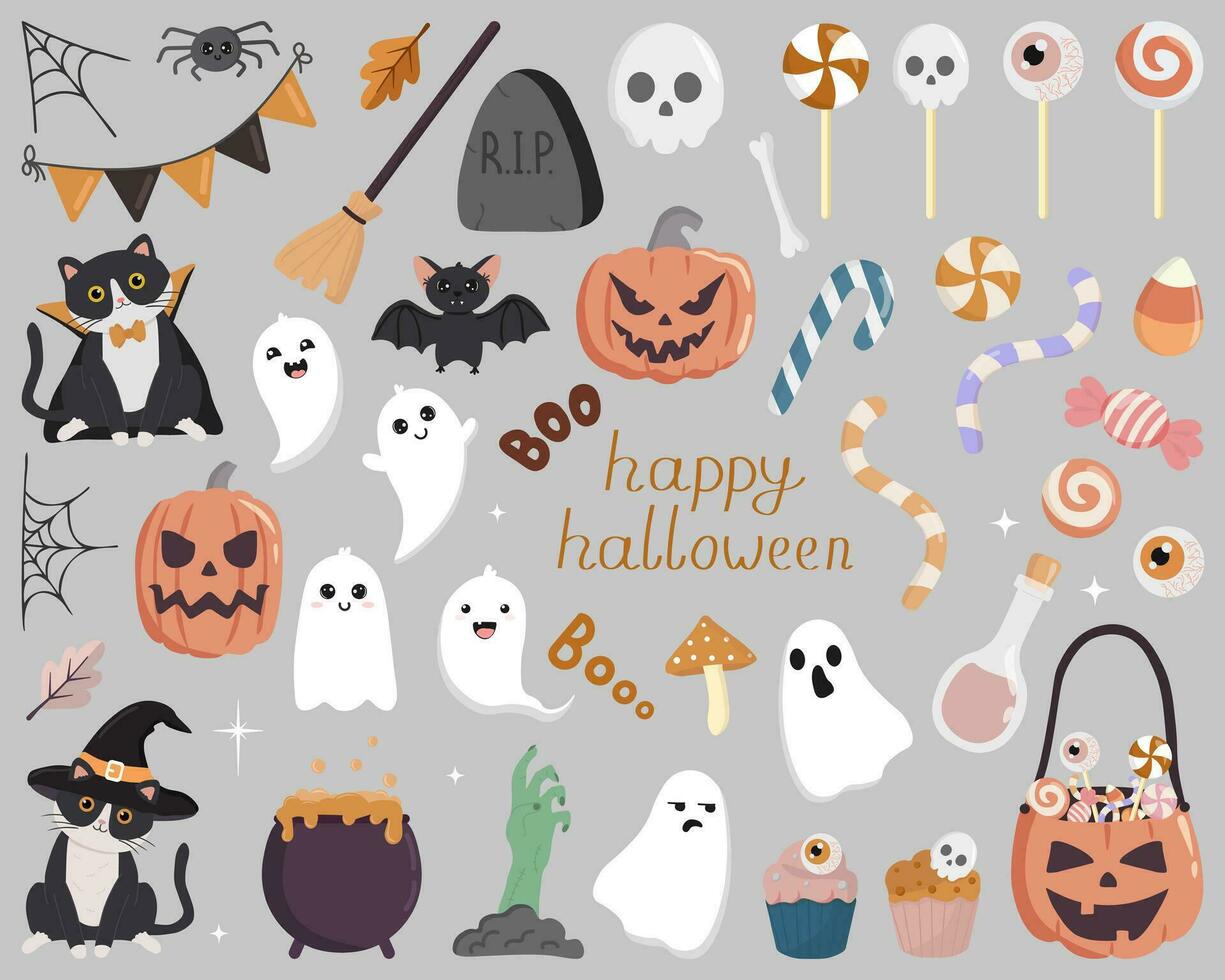 Halloween set isolated on grey background. Perfect for holiday decoration, stickers.  Vector collection of Halloween theme elements.