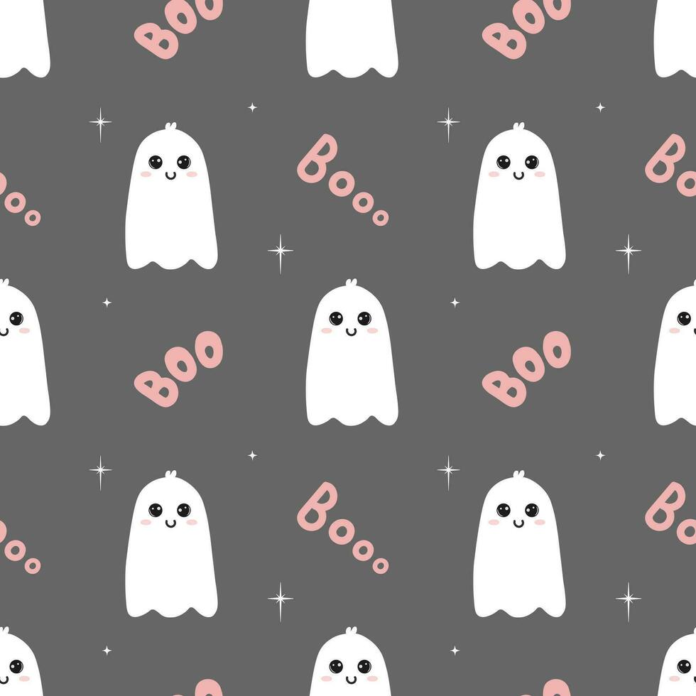 Seamless pattern with cute cartoon ghosts, boo and stars. White ghosts on grey background. Halloween illustration.  Background for wrapping paper, greeting cards and seasonal designs. vector