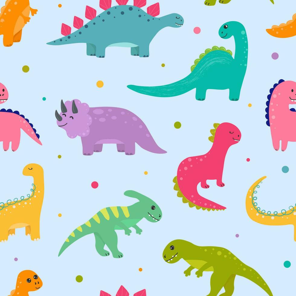 patrón infantil vectorial sin costuras con dinosaurios coloridos. fondo de bebé para guardería, papel de regalo, tela, textil. pequeño dinosaurio divertido. vector