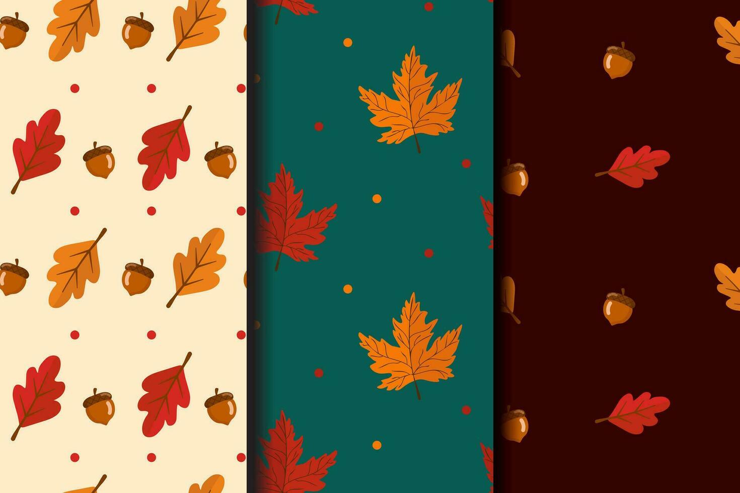 Set of autumn seamless patterns. Abstract autumn texture. Design for fabric, wallpaper, textile and decor. Background with leaves, acorns. vector