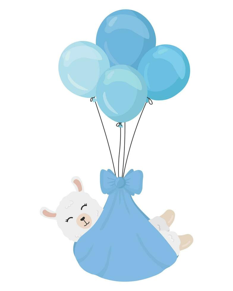 Cute alpaca on the balloons.  Great for nursery design, poster, birthday greeting card. Baby Shower. It's a boy. Flat vector cartoon illustration.
