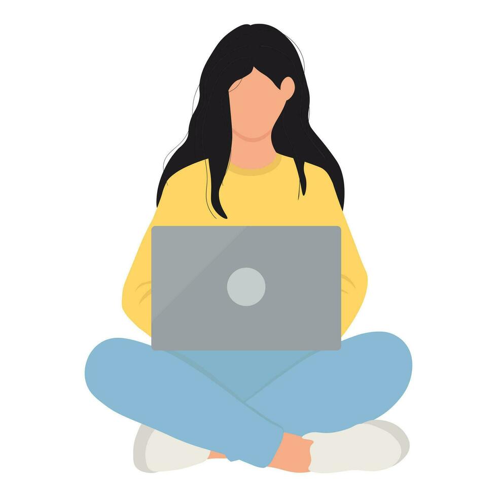 Girl with black hair with laptop. Vector illustration isolated on white background.