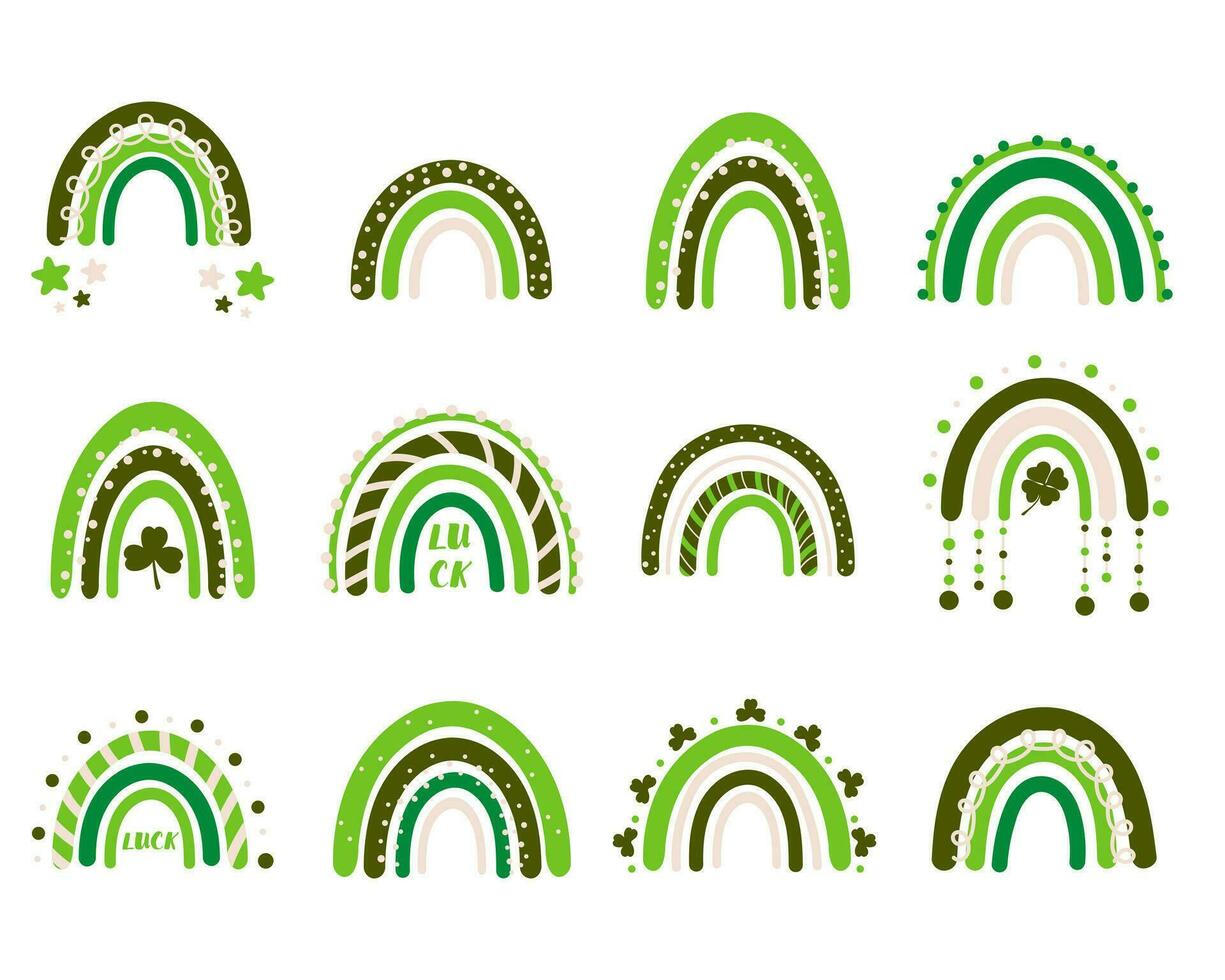 Vector collection for St. Patrick's Day decoration with rainbows. Perfect for clothing prints, decorations, stickers, banners and cards.