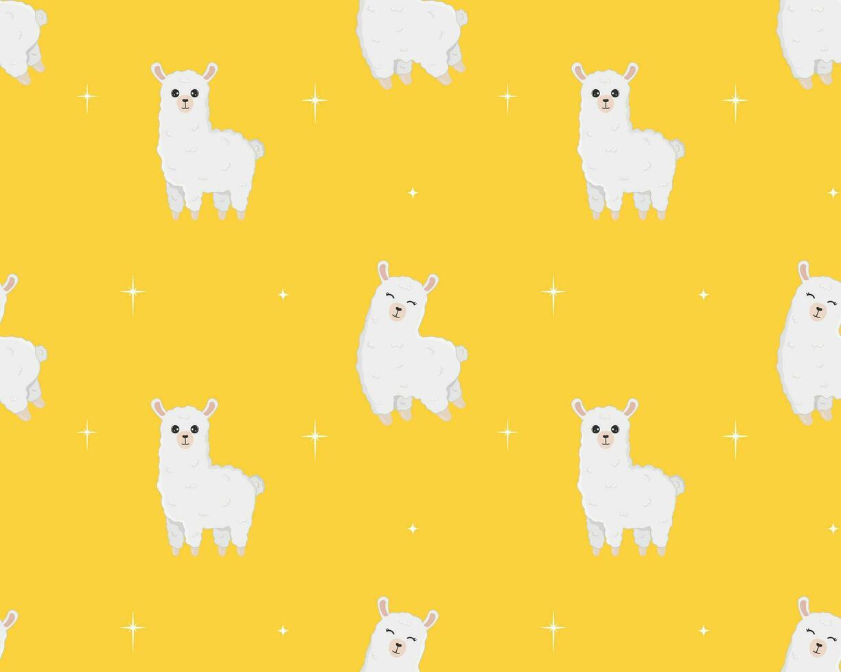 Seamless pattern of cute alpaca in different poses. Cartoon design animal character flat vector style. Baby texture for fabric, wrapping, textile, wallpaper, clothing.
