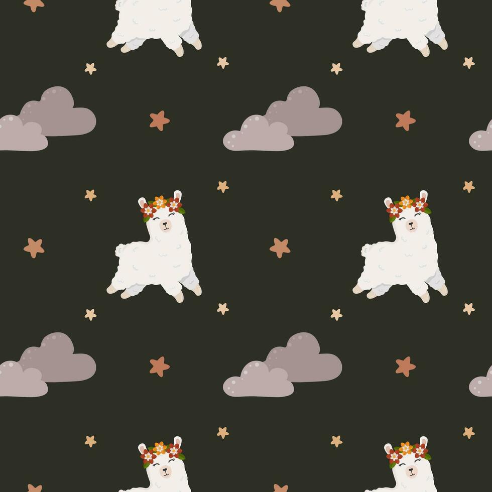 sin costura infantil modelo con linda llama alpaca, nubes, estrellas. bebé textura para tela, envase, textil, fondo de pantalla, ropa. vector ilustración