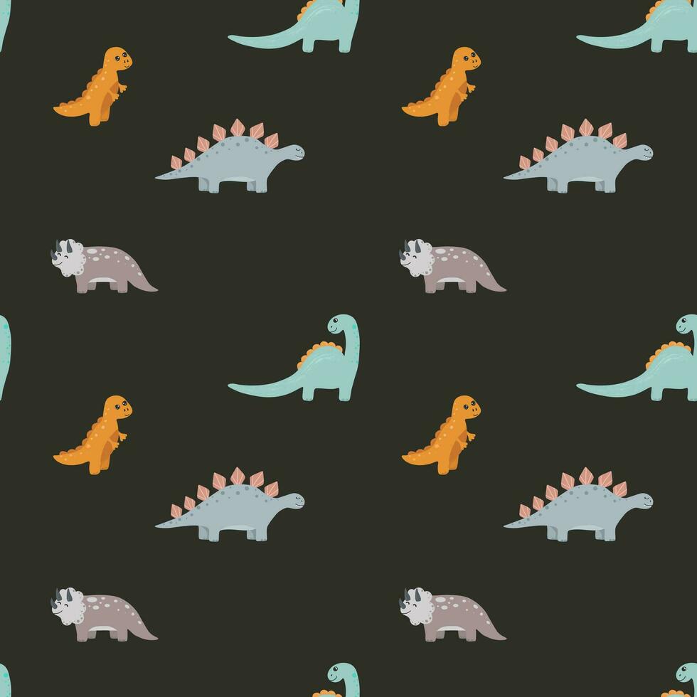 Vector seamless childish pattern with colorful dinosaurs. Baby background for nursery, wrapping paper, fabric, textile. Funny little dinosaur.