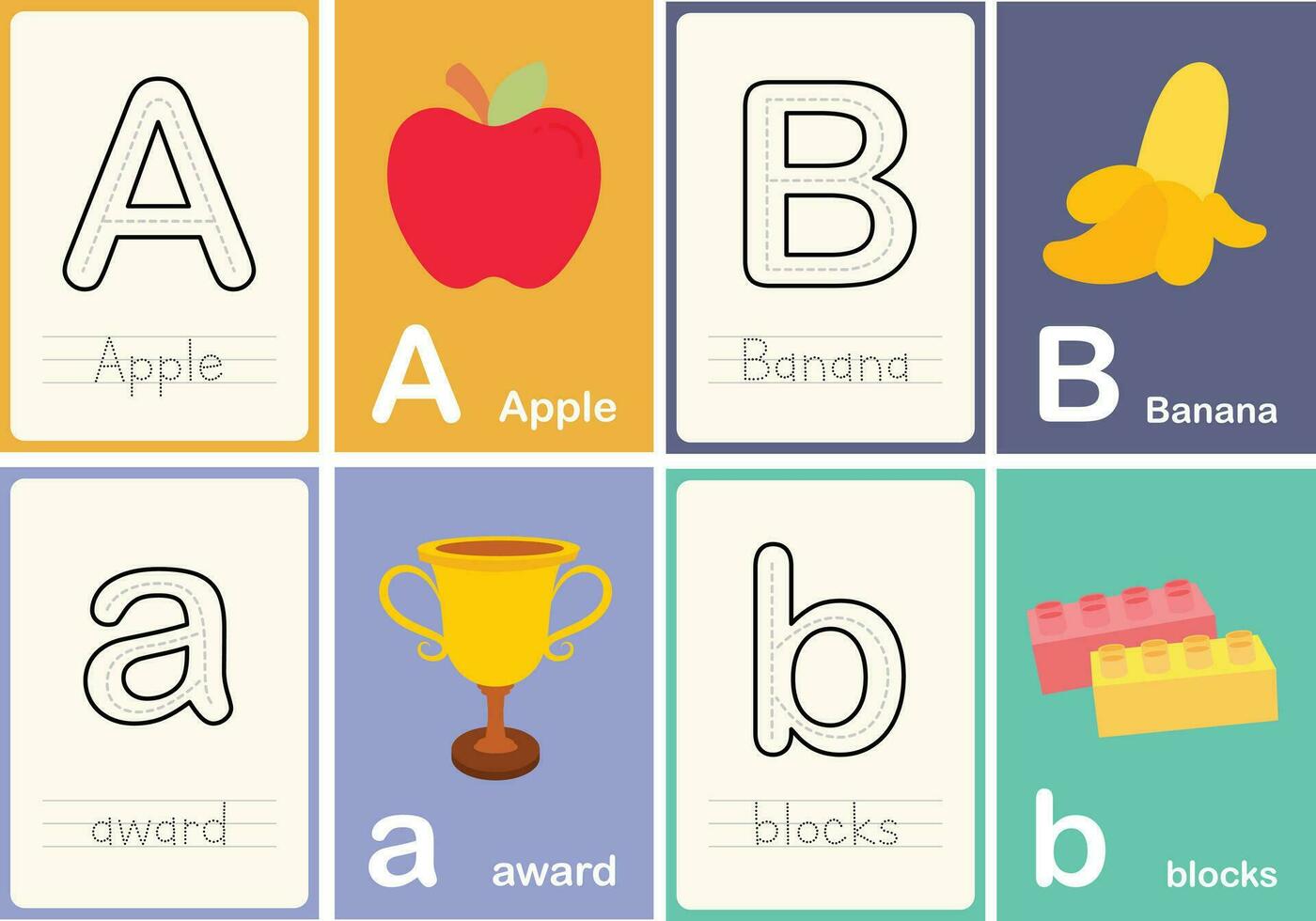 flat design vector cute colorful abc alphabet flashcards printable for kids first words activity