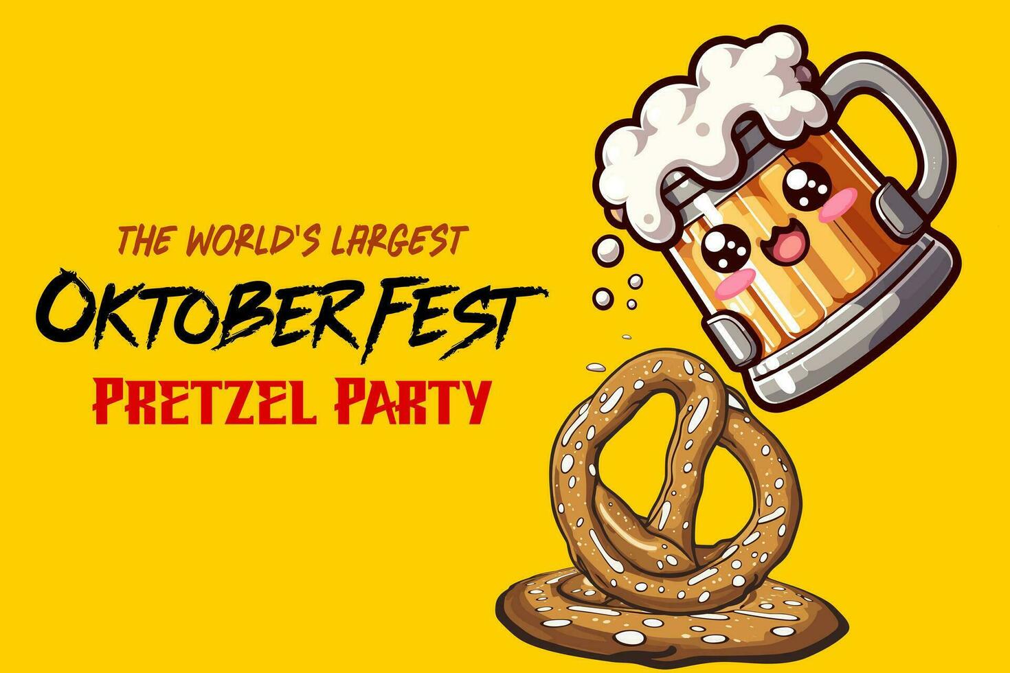 Octoberfest Holiday Background with Pretzel and Beer stein glass. Celebrated German Octoberfest day party Bavaria festival Banner. Beer mug, Giant pretzel, Mug with foam Traditional food of Germany. vector