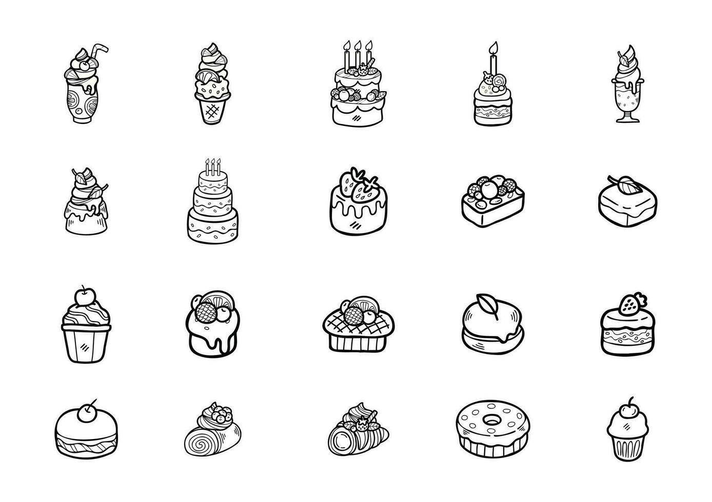 cute doodle desserts bakery set black and white colour  vector