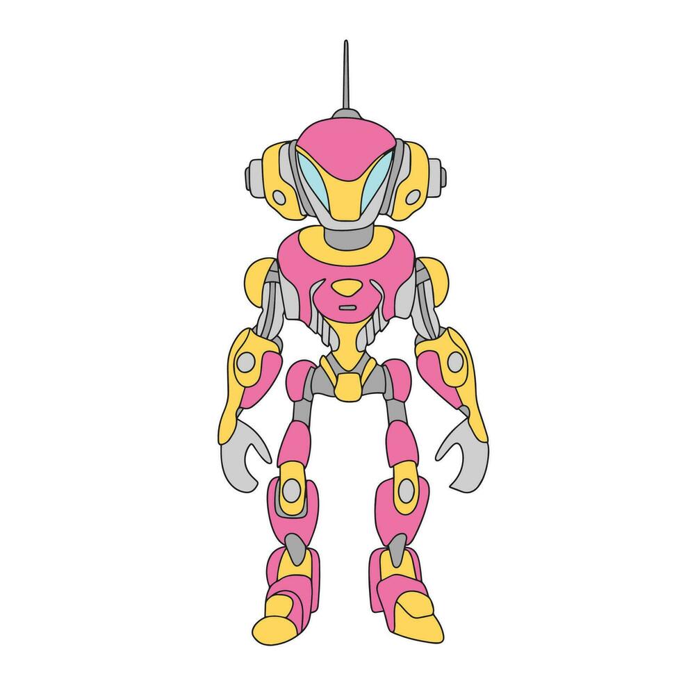 Robot colored outline. Hand drawn cute robot in doodle style. Outline robot isolated on white background. Vector illustraiton.