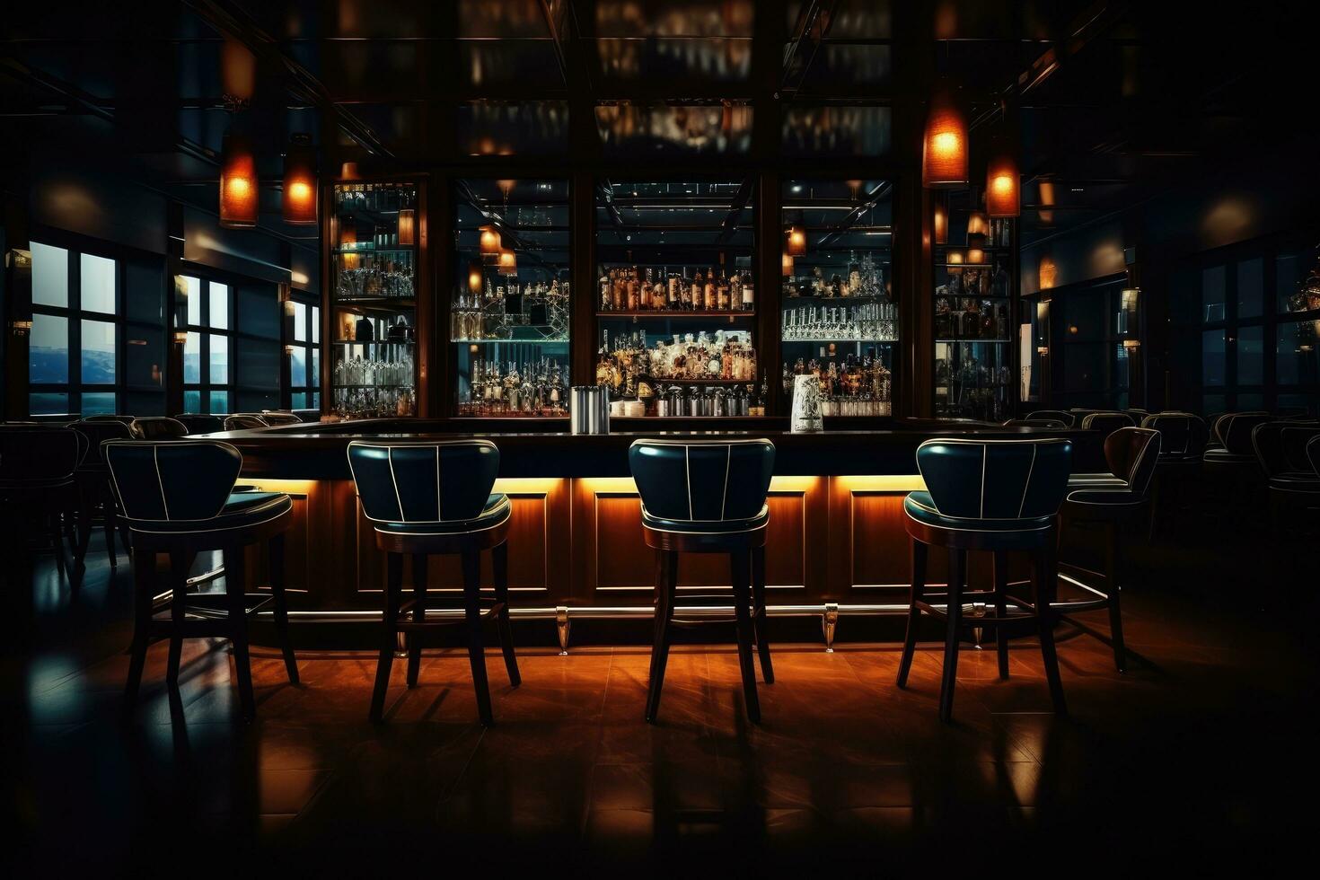 Interior of a night club bar with tables and chairs. 3d rendering, Bar counter in the dark night background with chairs in empty comfortable luxury restaurant, AI Generated photo