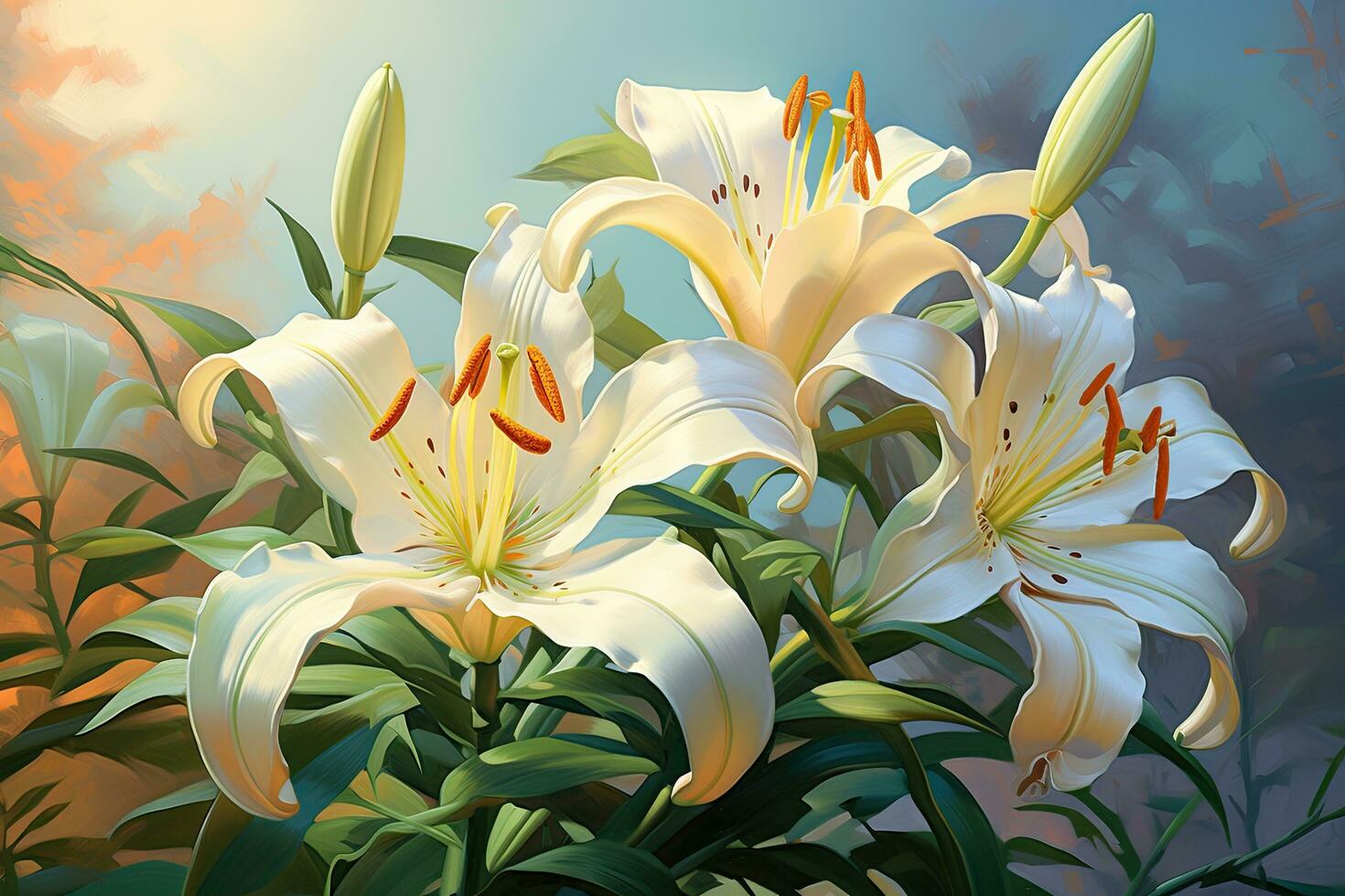 White lily flowers on the background of the summer landscape illustration. Beautiful botanic lily flower oil paint illustration, AI Generated photo