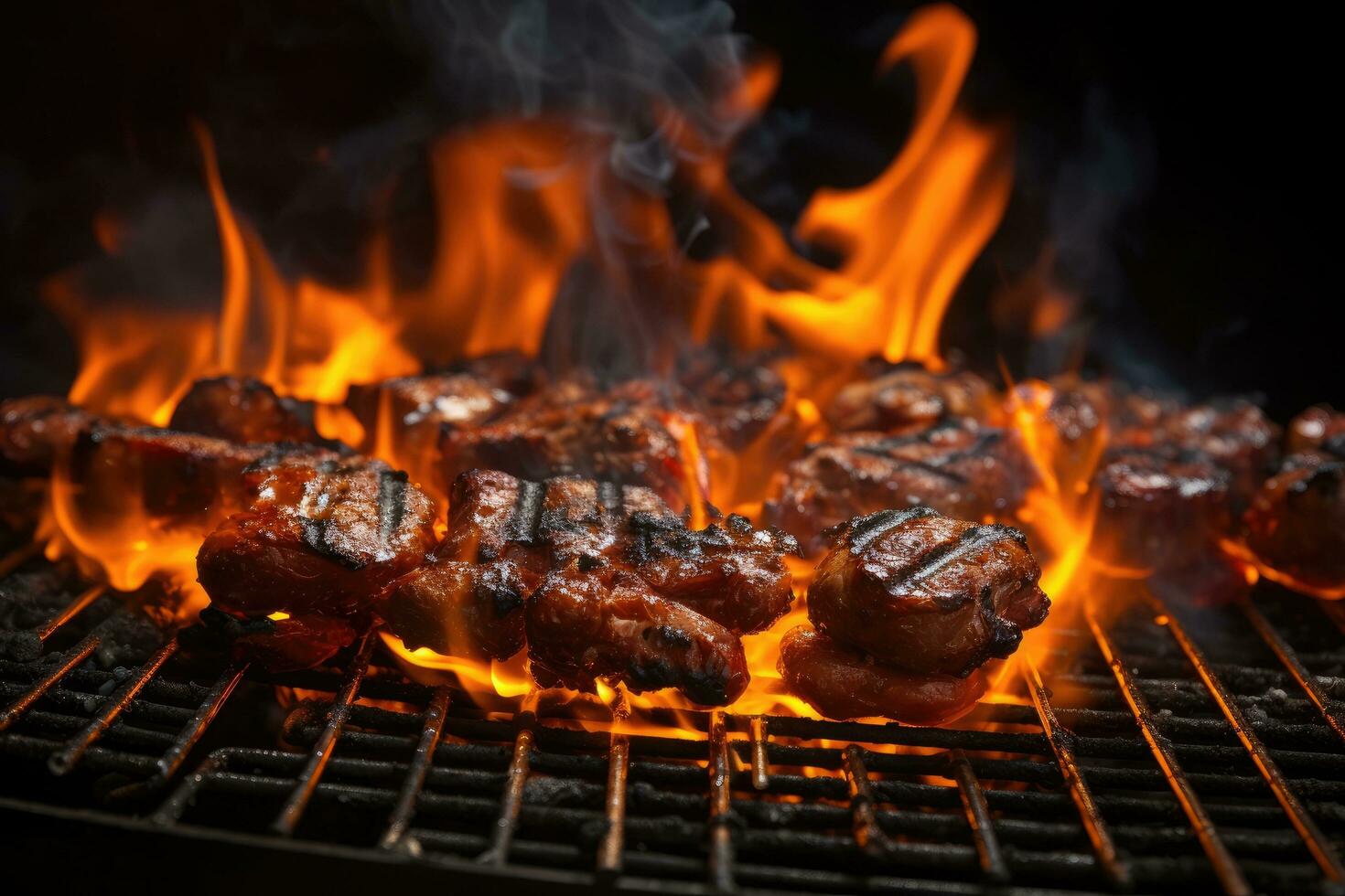 Grilled meat on barbecue grill with flames. Close up. Barbecue Grill Pit With Glowing And Flaming Hot Charcoal Briquettes, Close Up, AI Generated photo