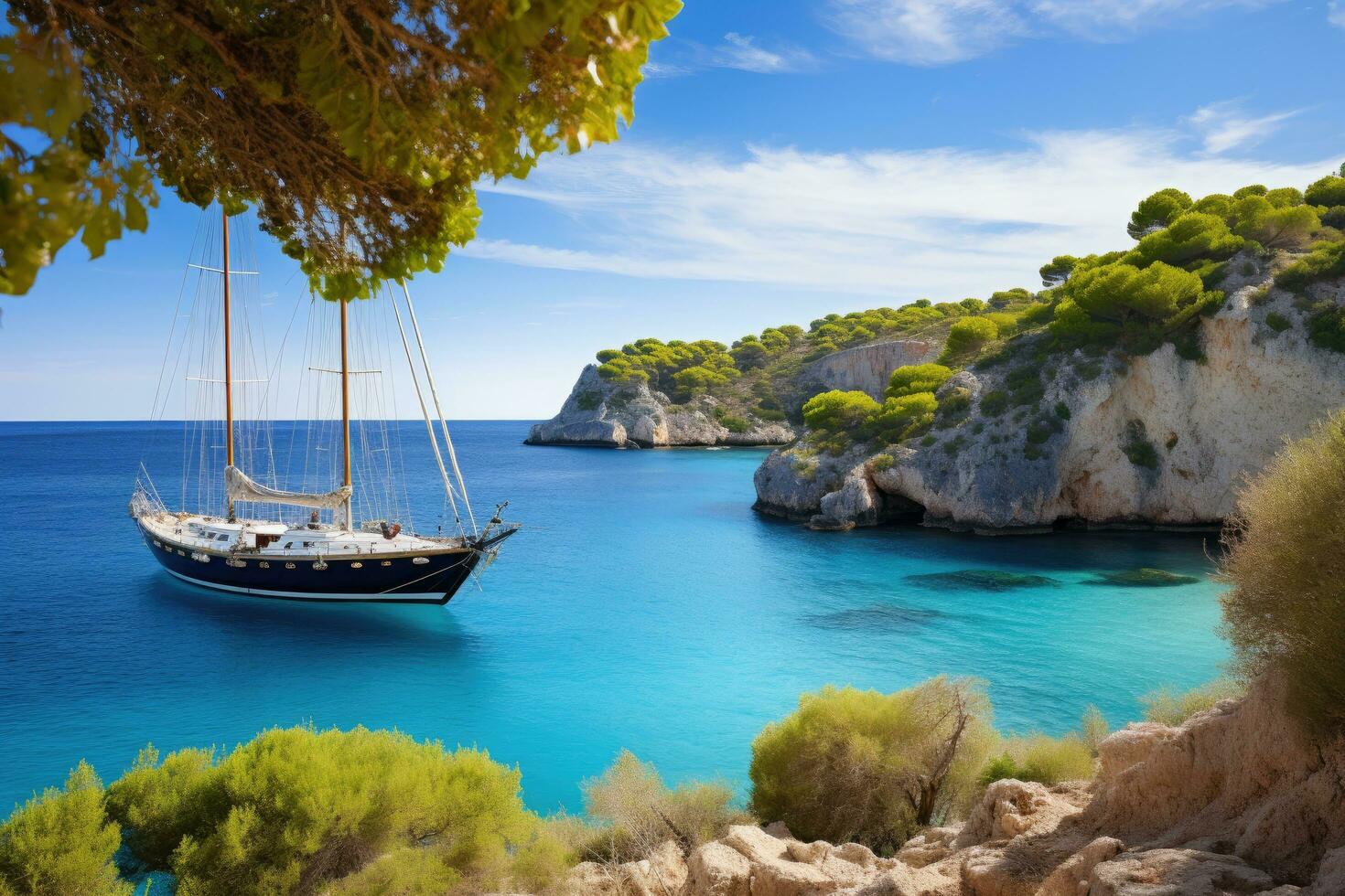 Sailing boat on the azure sea in Calanqueseille, France, Beautiful beach with sailing boat yacht, Cala Macarelleta, Menorca island, Spain, AI Generated photo