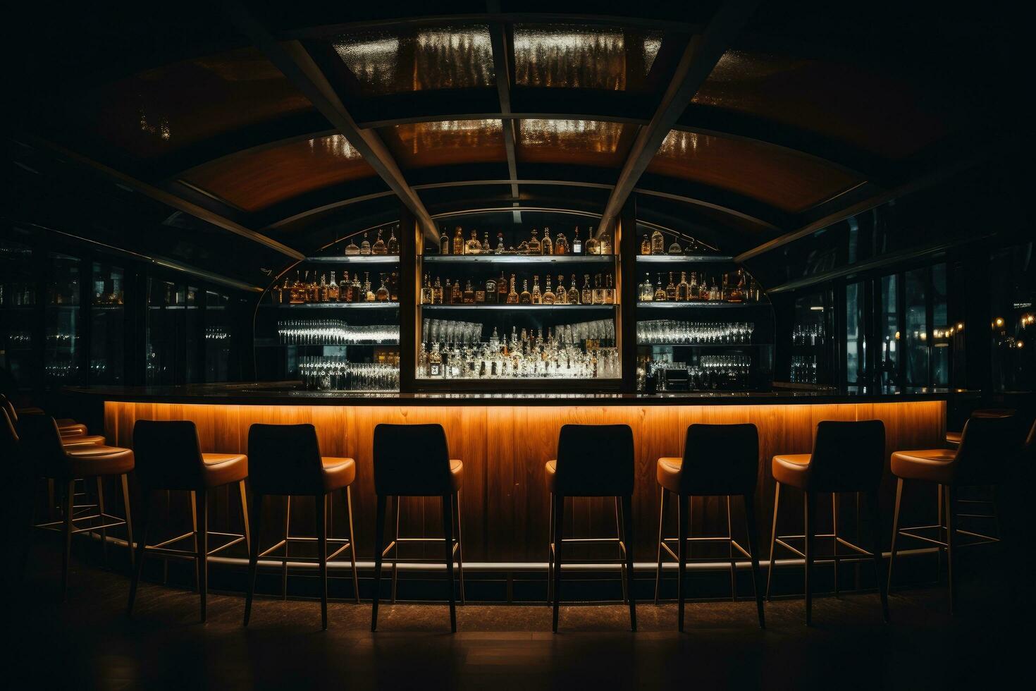 vacío bar interior con sillas y botellas la vida nocturna concepto. tonificado bar mostrador en el oscuro noche antecedentes con sillas en vacío cómodo lujo restaurante, ai generado foto