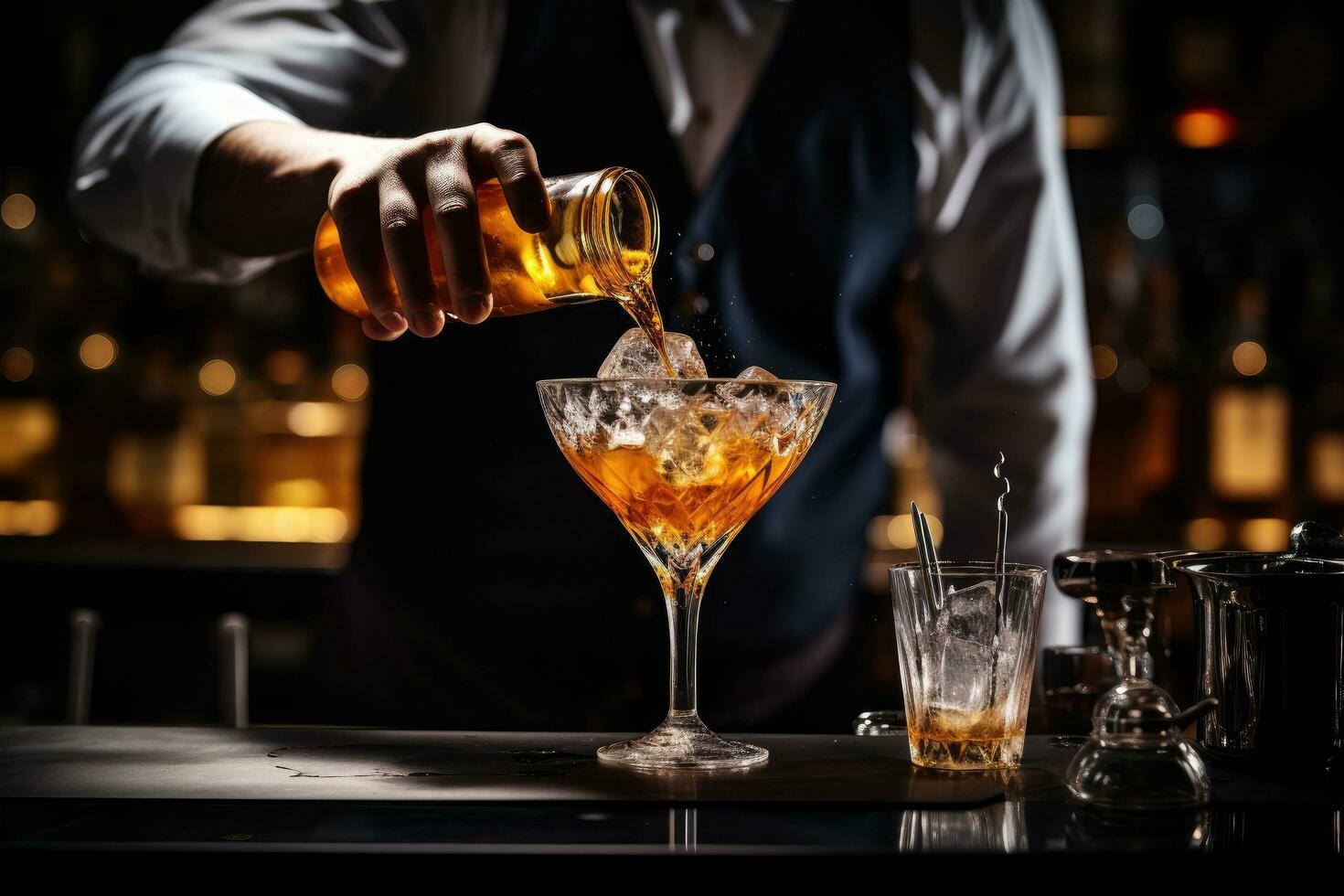 Bartender pours cocktail into glass with ice on bar counter, Bartender pouring cocktail, top section cropped, AI Generated photo