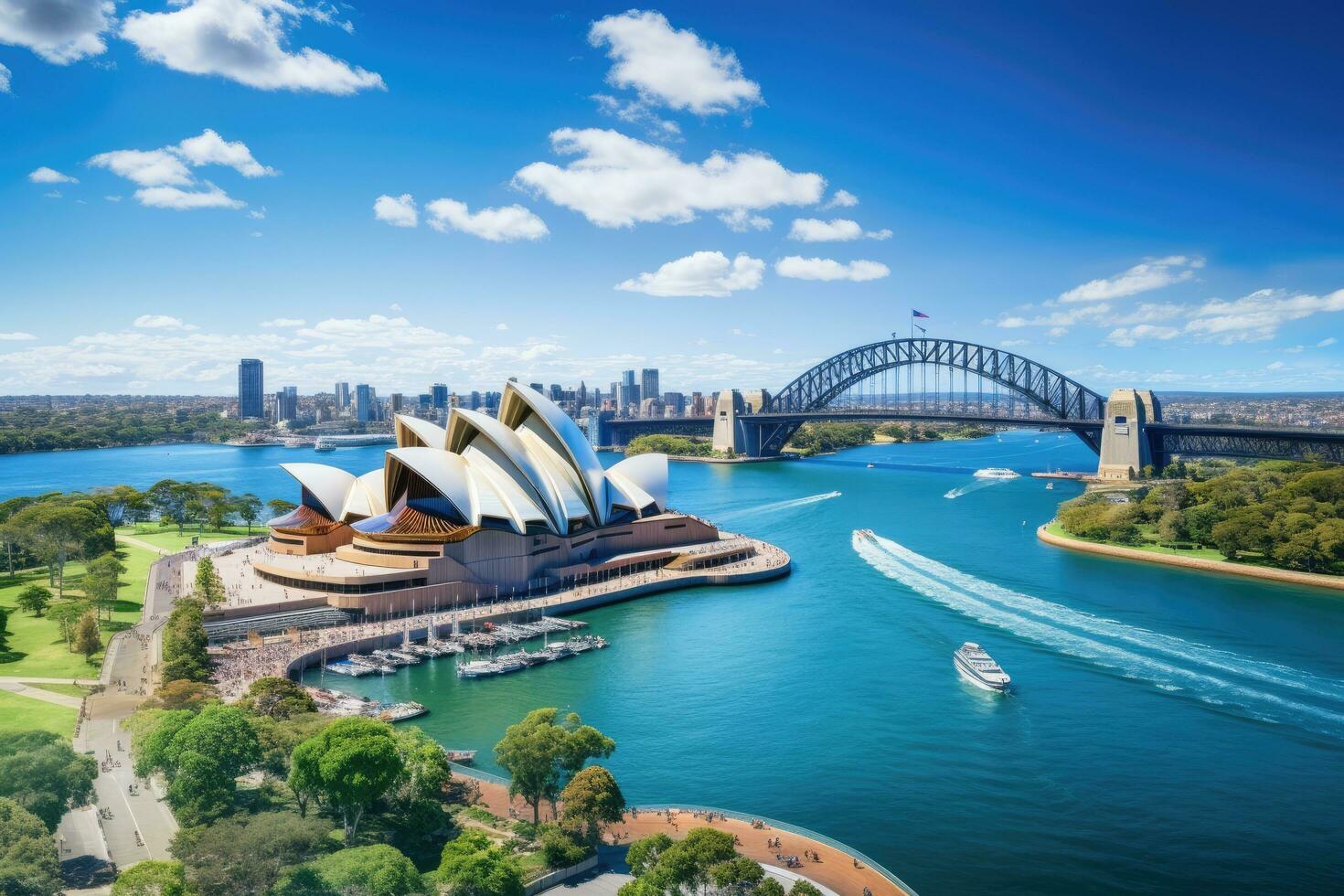 Sydney Opera House and Sydney Harbour Bridge in a beautiful summer day, Australia, Beautiful aerial view of the Sydney Opera house by the bay in Australia. Panoramic view, AI Generated photo