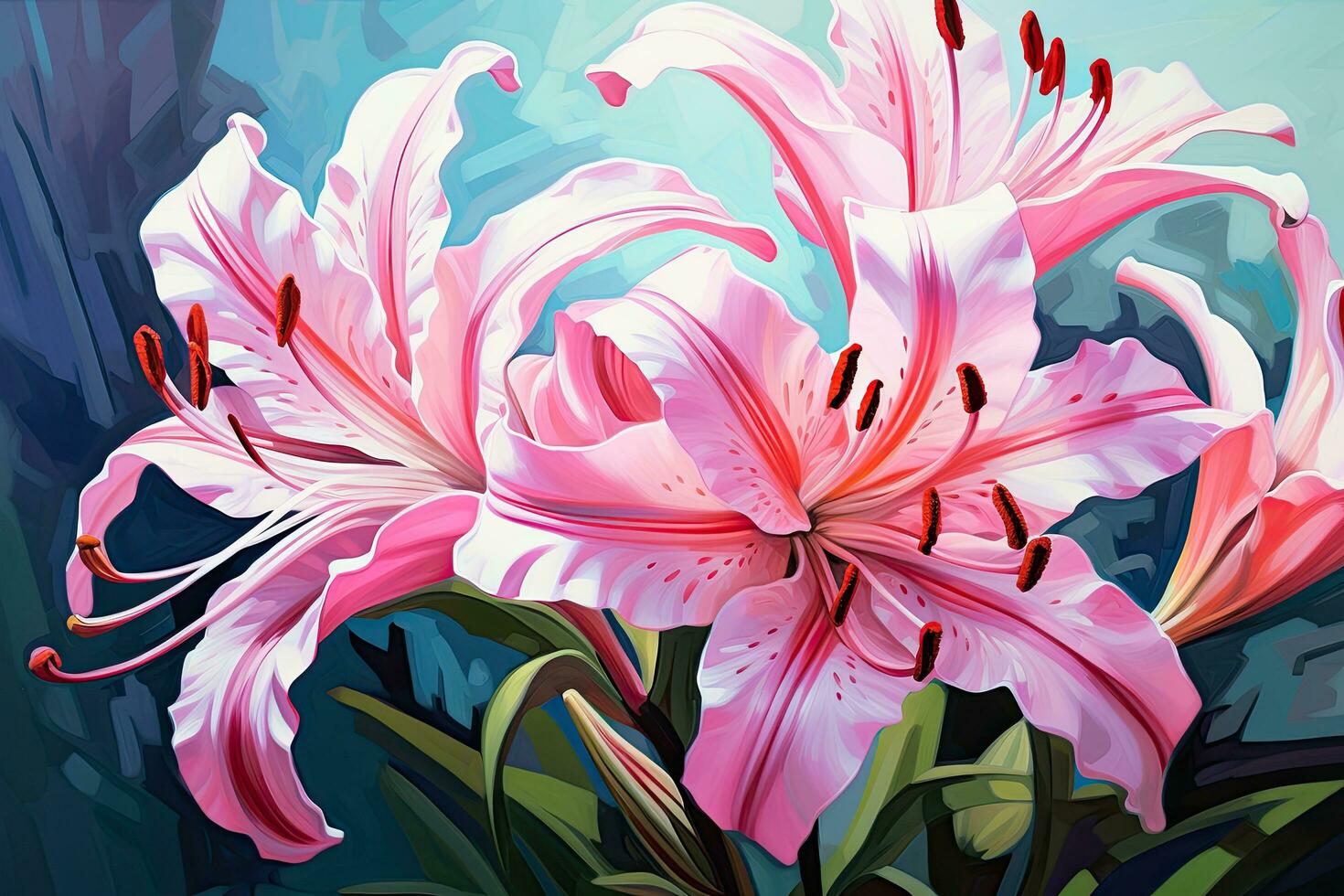 Pink lilies on a dark background. Illustration for your design, Beautiful botanic lily flower oil paint illustration, AI Generated photo