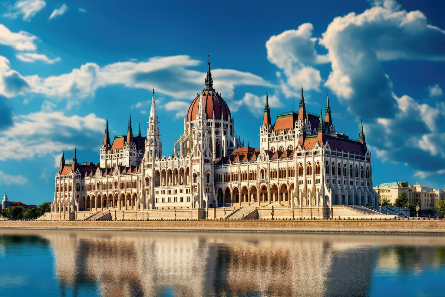 parlamento edificio en budapest, Hungría a puesta de sol con reflexión en agua, hermosa edificio de parlamento en budapest, popular viaje destino, ai generado foto