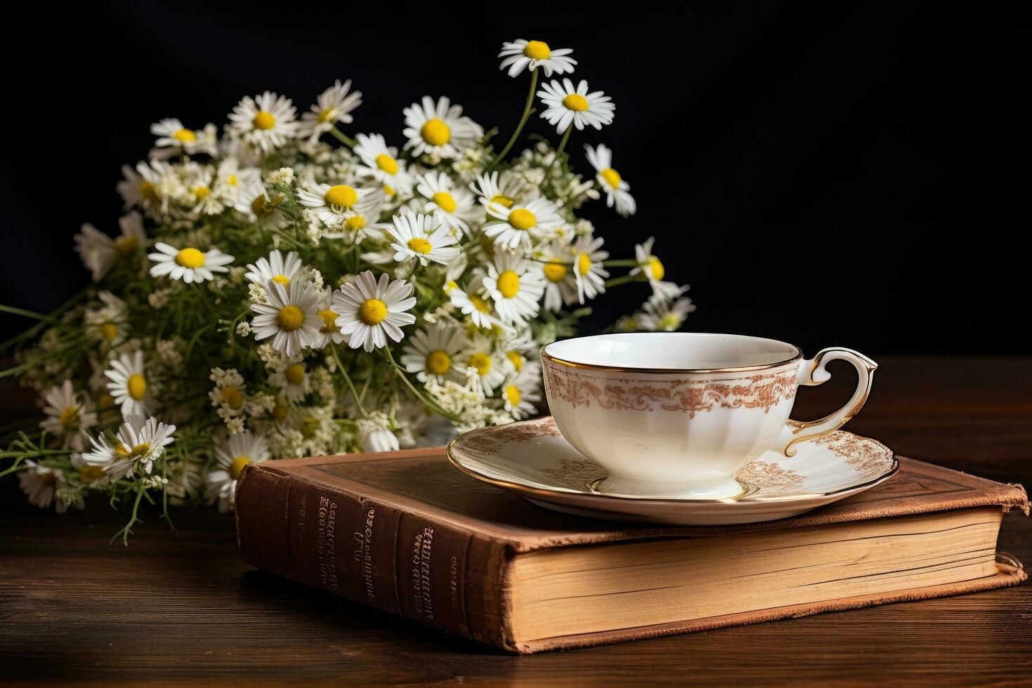 taza de té con manzanilla flores en antiguo libro, hermosa composición con manzanilla flores en taza, antiguo libro, ai generado foto