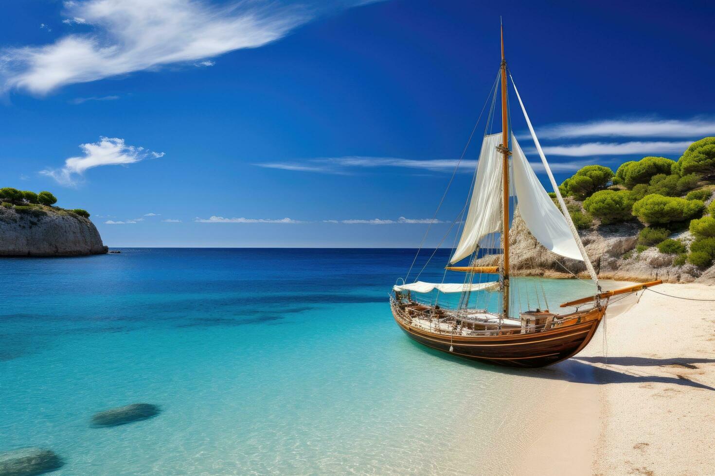 Sailing boat on the beach of Porto Katsiki, Lefkada, Greece, Beautiful beach with sailing boat yacht, Cala Macarelleta, Menorca island, Spain, AI Generated photo