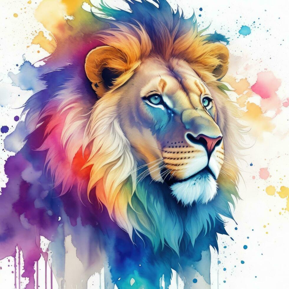 león cabeza pintura con vistoso acuarela en blanco antecedentes. vector ilustración. ai generado. foto