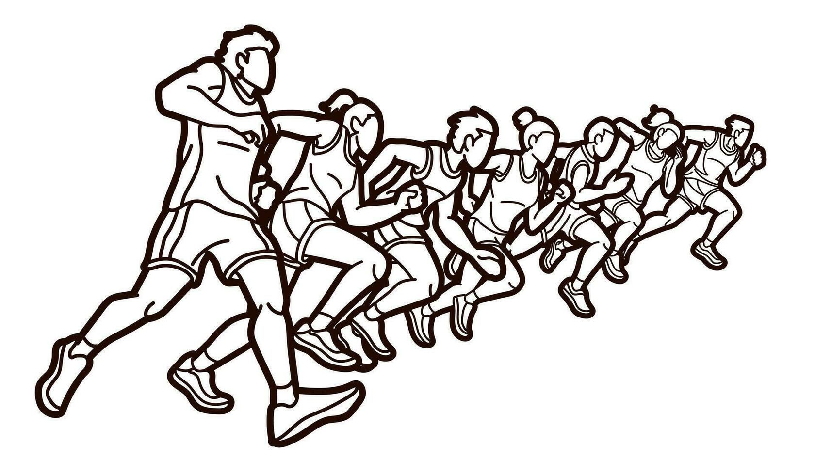 contorno grupo de personas corriendo juntos corredor maratón masculino y hembra correr acción dibujos animados deporte gráfico vector