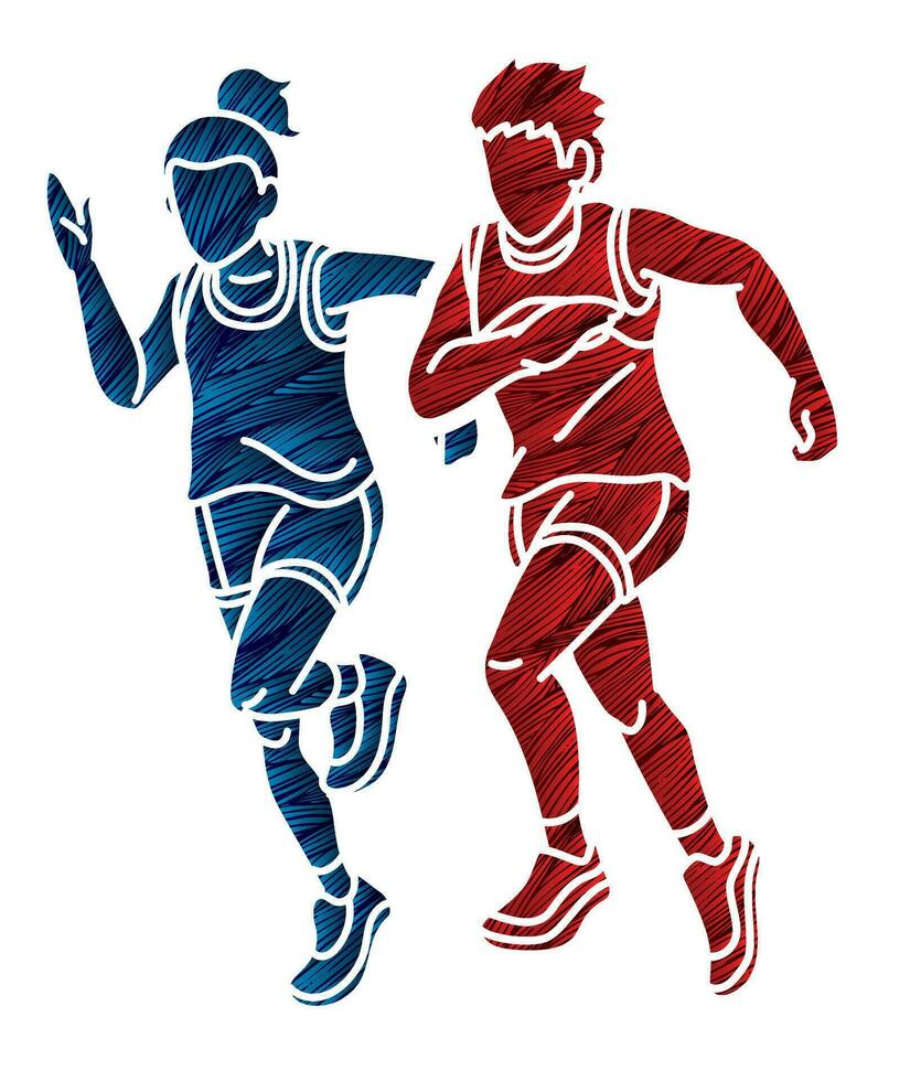 Boy and Girl Running Together Cartoon Sport Graphic Vector