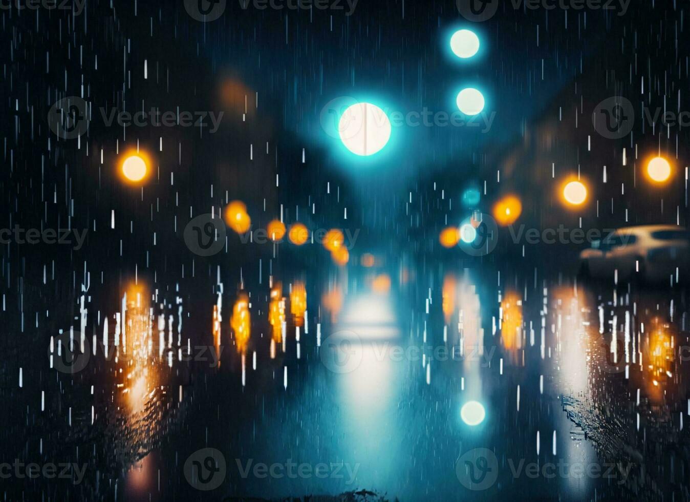 Rain on the street at night with lights photo