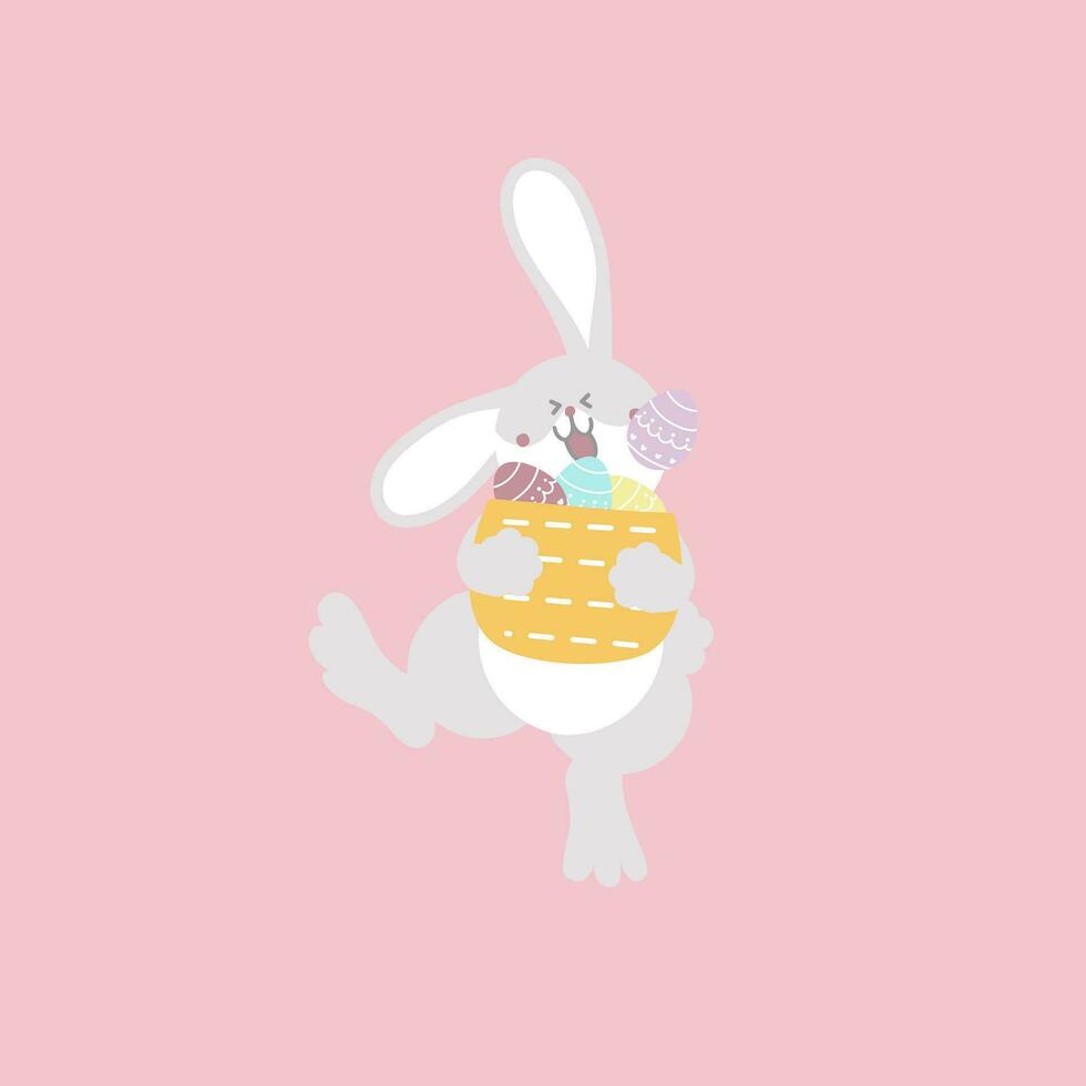 happy easter festival with animal pet bunny rabbit and basket of egg, pastel color, flat vector illustration cartoon character